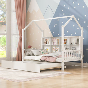 English Elm Wooden Twin House Bed with Trundle & Shelf, White Kids Play Bed with Roof, Sturdy Pine Frame N733P326485K