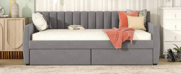 English Elm Twin Velvet Upholstered Daybed with Storage Drawers Wood Slat Base Guest Room Sofa Gray LP000120AAE