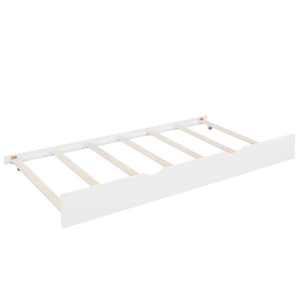 English Elm Wooden Full Size House Bed with Trundle and Shelf, White Pine Frame, Playhouse Roof, 550lb Capacity N733P326490K
