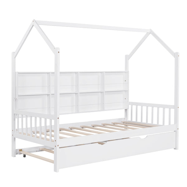 English Elm Wooden Twin Size House Bed With Trundle,Kids Bed With Shelf, White