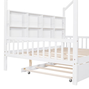 English Elm Wooden Full Size House Bed with Trundle and Shelf, White Pine Frame, Playhouse Roof, 550lb Capacity N733P326490K