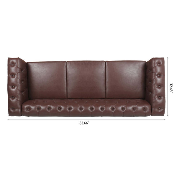 English Elm 83.66 Inch Pu Leather Three Seat Sofa with Silver Stud Trim and Birch Legs Dark Brown W68042995