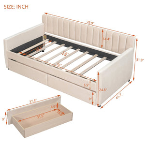 English Elm Twin Velvet Upholstered Daybed with Storage Drawers Wood Slat Base Guest Room Sofa Beige LP000120AAA