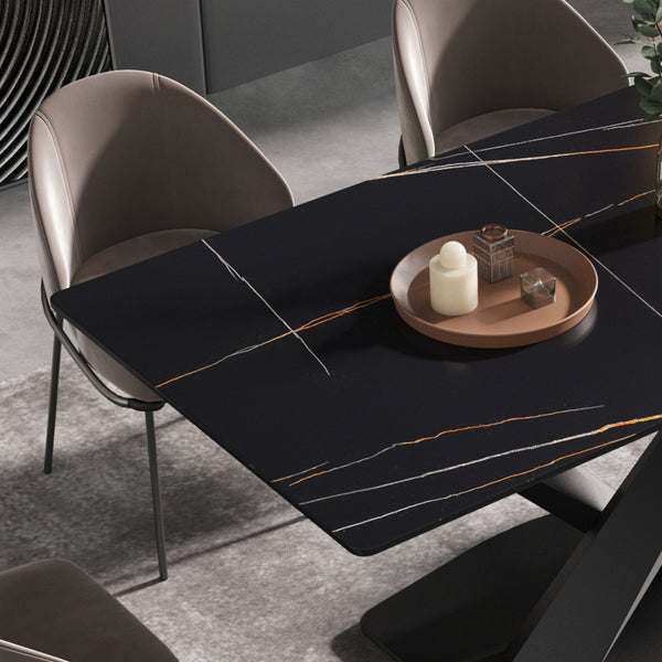 English Elm 55.12" Modern Artificial Stone Dining Table With Black Metal X-Leg Base - Seats 6, Easy Maintenance W1535S00538