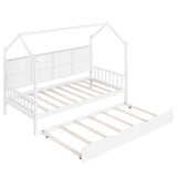 English Elm Wooden Twin Size House Bed With Trundle,Kids Bed With Shelf, White