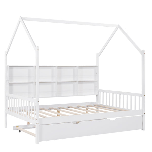 English Elm Wooden Full Size House Bed with Trundle and Shelf, White Pine Frame, Playhouse Roof, 550lb Capacity N733P326490K