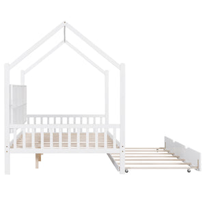 English Elm Wooden Full Size House Bed with Trundle and Shelf, White Pine Frame, Playhouse Roof, 550lb Capacity N733P326490K