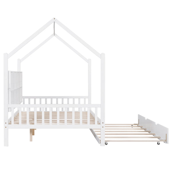 English Elm Wooden Full Size House Bed with Trundle and Shelf, White Pine Frame, Playhouse Roof, 550lb Capacity N733P326490K
