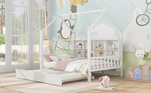 English Elm Wooden Full Size House Bed with Trundle and Shelf, White Pine Frame, Playhouse Roof, 550lb Capacity N733P326490K