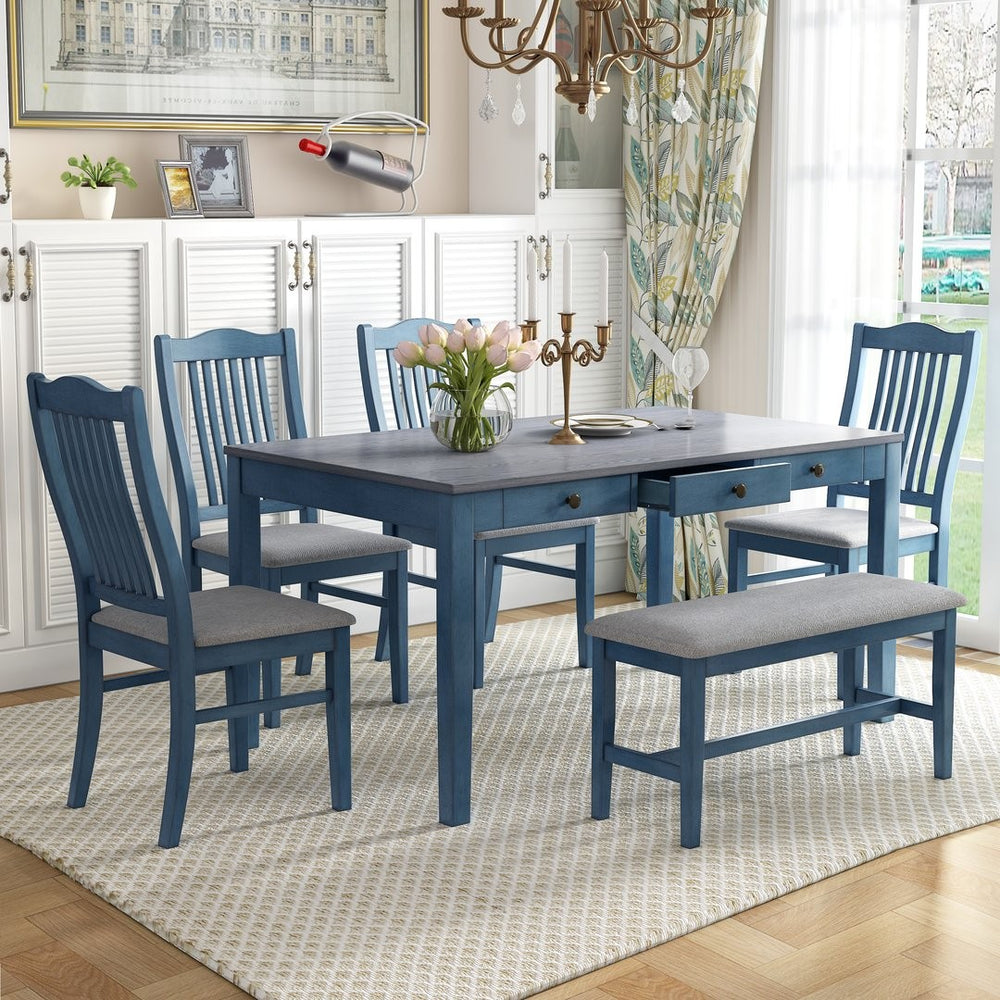 English Elm Topmax Mid-century Six Piece Rubberwood Dining Set with Storage Drawer and Upholstered Seating Blue N717S000006C