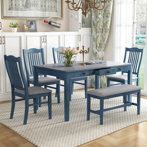 English Elm Topmax Mid-century Six Piece Rubberwood Dining Set with Storage Drawer and Upholstered Seating Blue N717S000006C