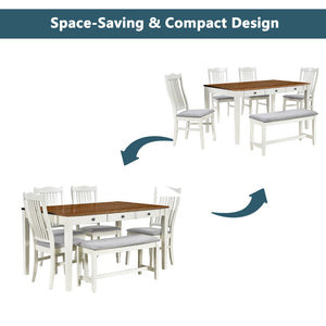 English Elm Topmax Mid-century Six Piece Rubberwood Dining Set with Storage Drawer and Upholstered Seating White N717S000006A