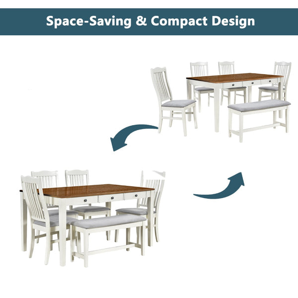 English Elm Topmax Mid-century Six Piece Rubberwood Dining Set with Storage Drawer and Upholstered Seating White N717S000006A