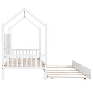 English Elm Wooden Twin Size House Bed With Trundle,Kids Bed With Shelf, White