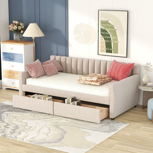 English Elm Twin Velvet Upholstered Daybed with Storage Drawers Wood Slat Base Guest Room Sofa Beige LP000120AAA