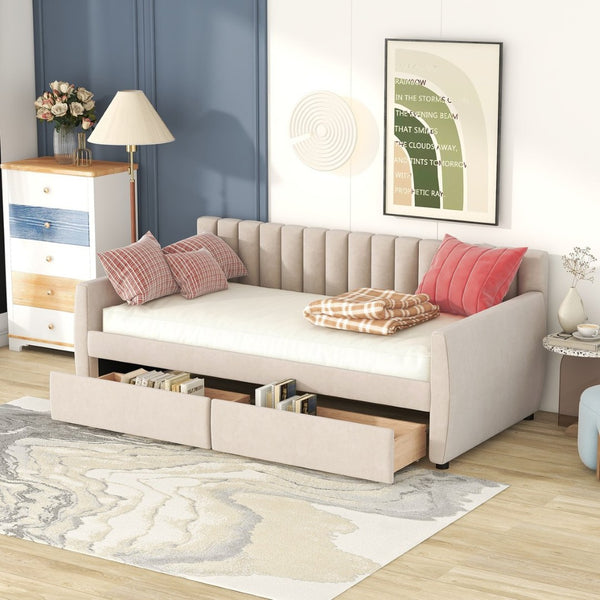 English Elm Twin Velvet Upholstered Daybed with Storage Drawers Wood Slat Base Guest Room Sofa Beige LP000120AAA