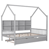 English Elm Wooden Full Size House Bed With Trundle,Kids Bed With Shelf, Gray