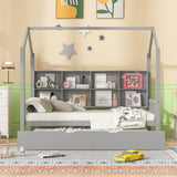 Hearth and Haven Wooden Twin Size House Bed with Trundle, Kids Bed with Shelf WF297071AAE