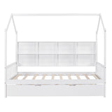 English Elm Wooden Twin Size House Bed With Trundle,Kids Bed With Shelf, White