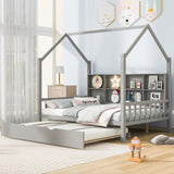 Hearth and Haven Wooden Full Size House Bed with Trundle, Kids Bed with Shelf WF297070AAE