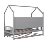 Hearth and Haven Wooden Twin Size House Bed with Trundle, Kids Bed with Shelf WF297071AAE