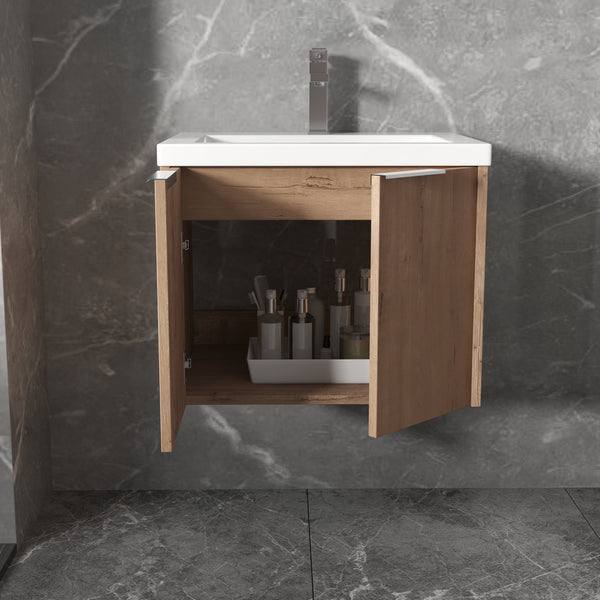 English Elm Bathroom Floating Vanity 24" with Resin Sink, Soft-Close Doors, Wall-Mount Design, Spacious Storage W99950714
