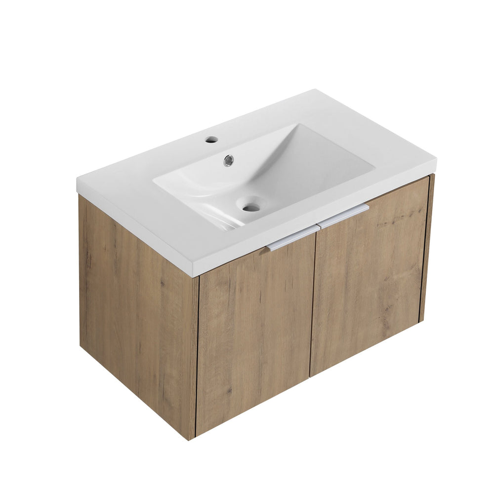 English Elm Soft Close 30" Bathroom Vanity with Resin Sink and Open Shelf, Soft-Close Doors, Metal Handles, KD Packaging W99950715