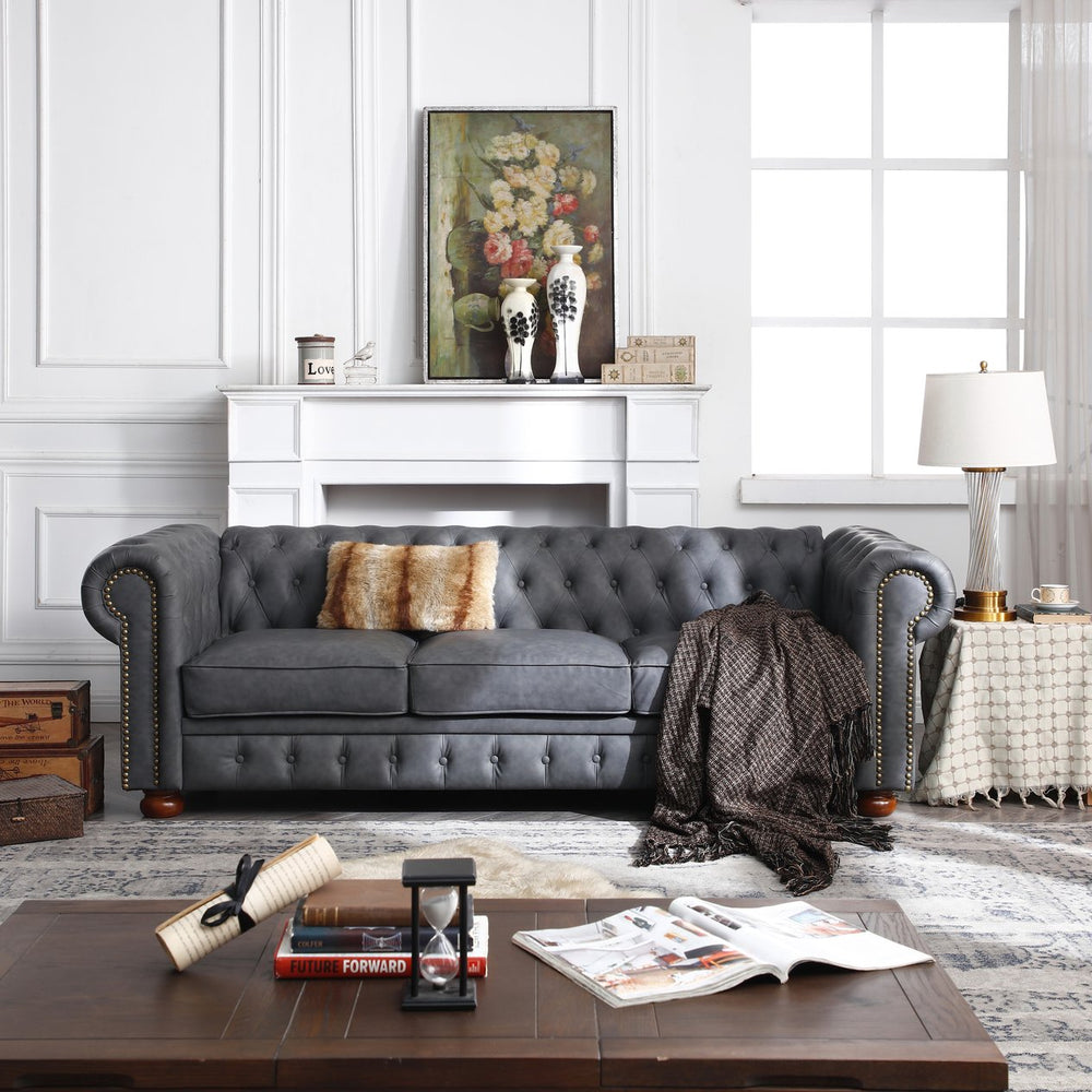 English Elm Classic Chesterfield sofa elegant faux leather 3-seater 88.5"L durable solid wood frame high weight capacity DARK GREY W1097S00063