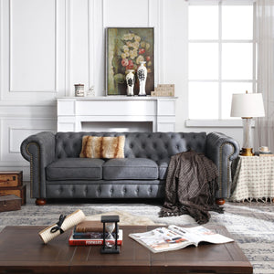English Elm Classic Chesterfield sofa elegant faux leather 3-seater 88.5"L durable solid wood frame high weight capacity DARK GREY W1097S00063