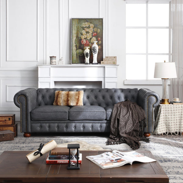English Elm Classic Chesterfield sofa elegant faux leather 3-seater 88.5"L durable solid wood frame high weight capacity DARK GREY W1097S00063