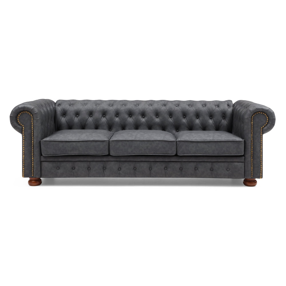 English Elm Classic Chesterfield sofa elegant faux leather 3-seater 88.5"L durable solid wood frame high weight capacity DARK GREY W1097S00063