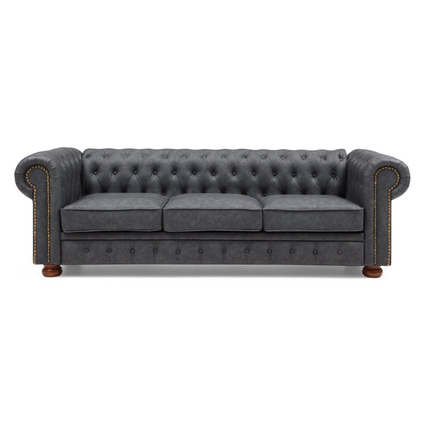 English Elm Classic Chesterfield sofa elegant faux leather 3-seater 88.5"L durable solid wood frame high weight capacity DARK GREY W1097S00063