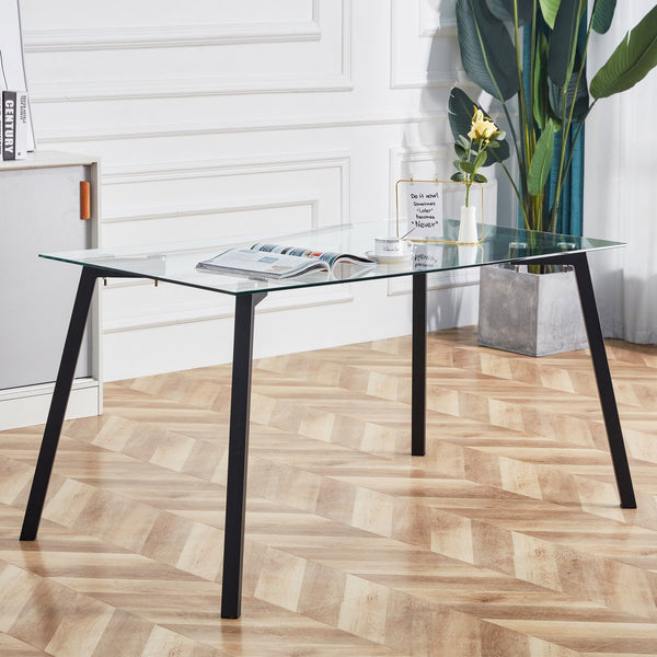 English Elm Modern Minimalist Rectangular Glass Dining Table With Durable Black Metal Legs - Versatile & Stylish W1151S04001