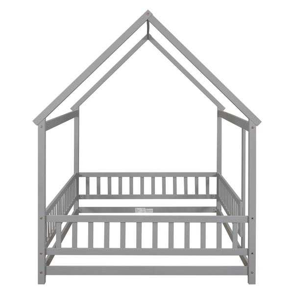 English Elm Full Size Floor Wooden Bed With Charming House Roof Frame And Fence Guardrails In Grey Finish W504P174636