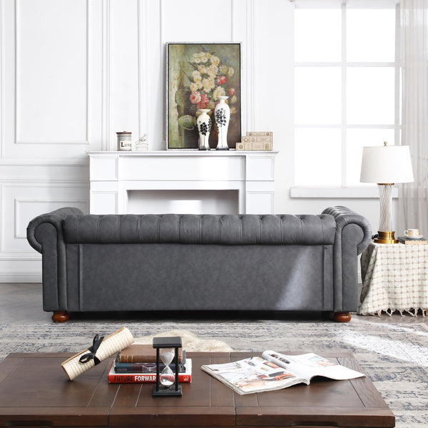 English Elm Classic Chesterfield sofa elegant faux leather 3-seater 88.5"L durable solid wood frame high weight capacity DARK GREY W1097S00063