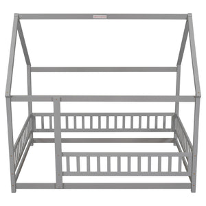 English Elm Full Size Floor Wooden Bed With Charming House Roof Frame And Fence Guardrails In Grey Finish W504P174636