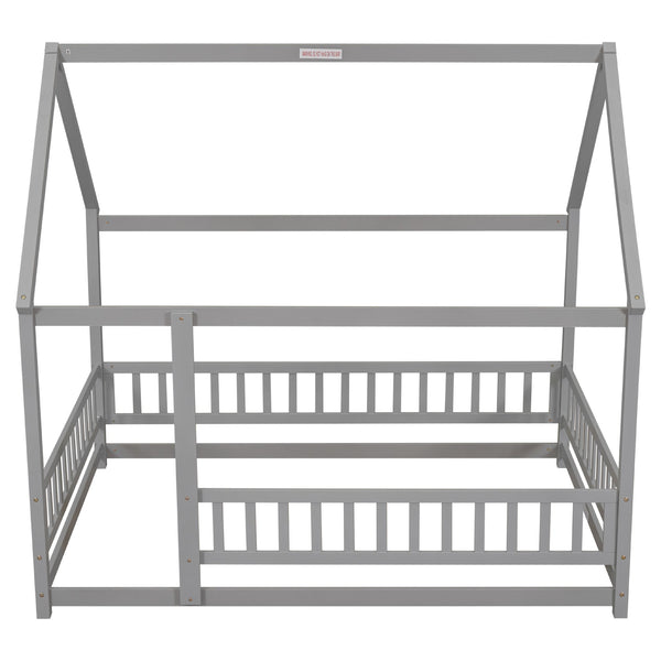 English Elm Full Size Floor Wooden Bed With Charming House Roof Frame And Fence Guardrails In Grey Finish W504P174636