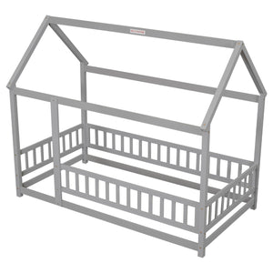 English Elm Twin House Floor Bed with Roof Frame and Fence Guardrails in Grey – Pine Twin Floor Bed, Playful Design W504P174630