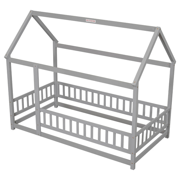 English Elm Twin House Floor Bed with Roof Frame and Fence Guardrails in Grey – Pine Twin Floor Bed, Playful Design W504P174630