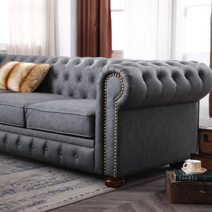 English Elm Classic Chesterfield sofa elegant faux leather 3-seater 88.5"L durable solid wood frame high weight capacity DARK GREY W1097S00063