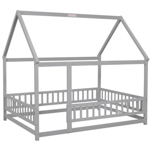English Elm Full Size Floor Wooden Bed With Charming House Roof Frame And Fence Guardrails In Grey Finish W504P174636
