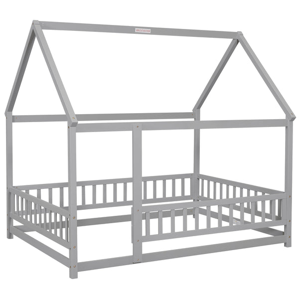 English Elm Full Size Floor Wooden Bed With Charming House Roof Frame And Fence Guardrails In Grey Finish W504P174636