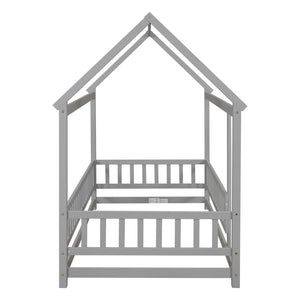 English Elm Twin House Floor Bed with Roof Frame and Fence Guardrails in Grey – Pine Twin Floor Bed, Playful Design W504P174630
