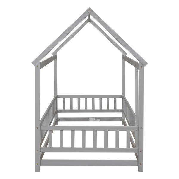 English Elm Twin House Floor Bed with Roof Frame and Fence Guardrails in Grey – Pine Twin Floor Bed, Playful Design W504P174630