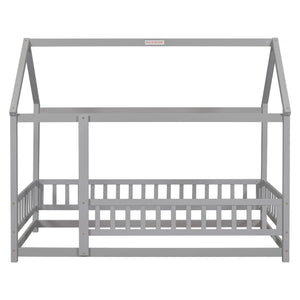English Elm Twin House Floor Bed with Roof Frame and Fence Guardrails in Grey – Pine Twin Floor Bed, Playful Design W504P174630