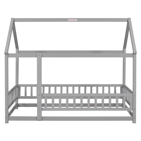 English Elm Twin House Floor Bed with Roof Frame and Fence Guardrails in Grey – Pine Twin Floor Bed, Playful Design W504P174630