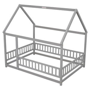 English Elm Full Size Floor Wooden Bed With Charming House Roof Frame And Fence Guardrails In Grey Finish W504P174636