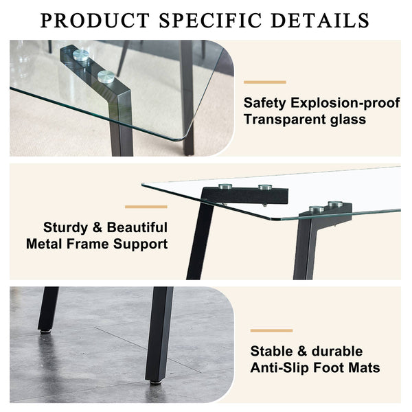 English Elm Modern Minimalist Rectangular Glass Dining Table With Durable Black Metal Legs - Versatile & Stylish W1151S04001