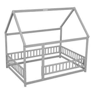 English Elm Full Size Floor Wooden Bed With Charming House Roof Frame And Fence Guardrails In Grey Finish W504P174636