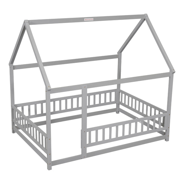 English Elm Full Size Floor Wooden Bed With Charming House Roof Frame And Fence Guardrails In Grey Finish W504P174636